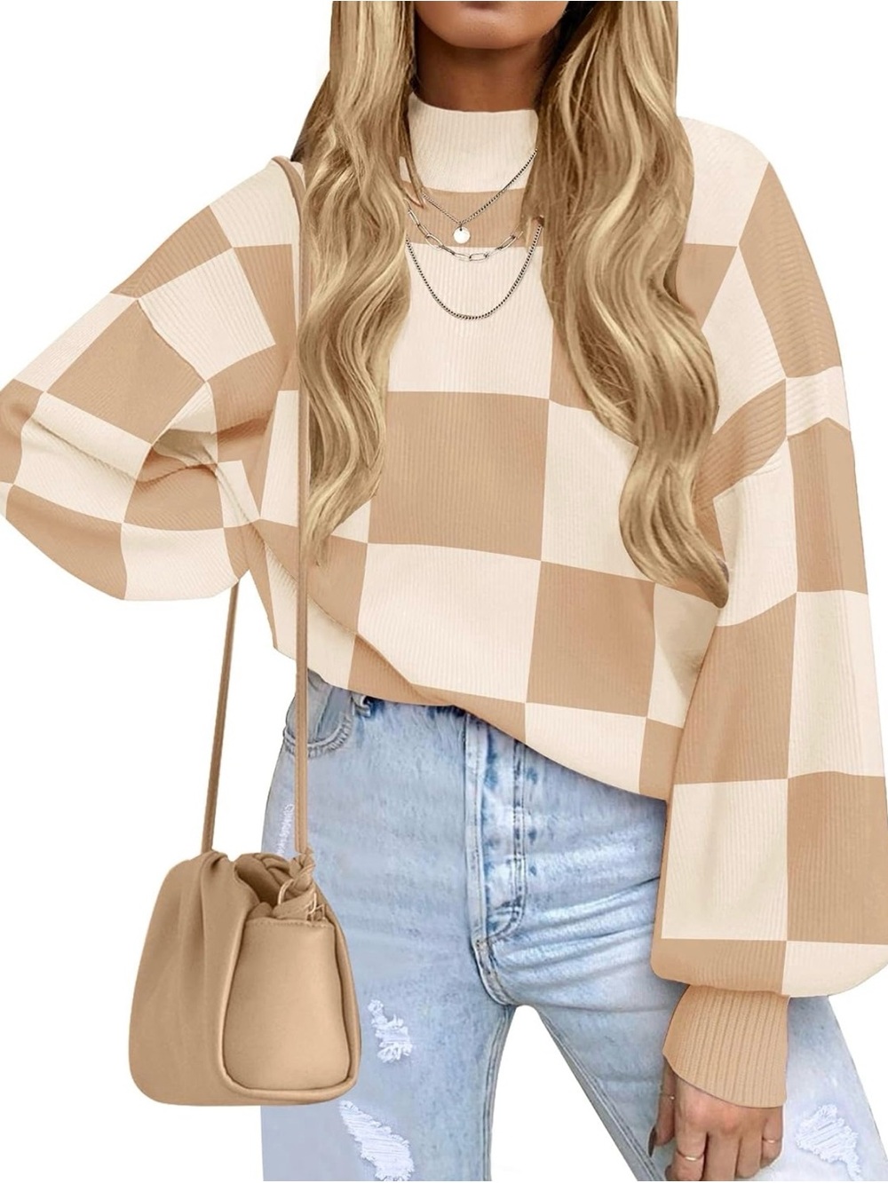 Women’s Checkerboard Cowl Neck Sweater in Beige and Cream